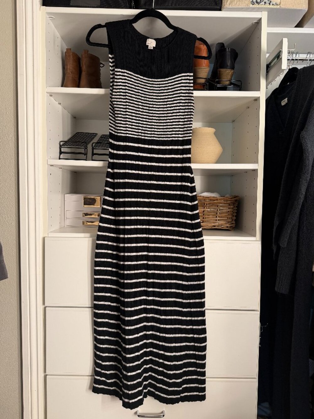 A New Day Black White Striped Sleeveless Knit Maxi Dress, Size Large